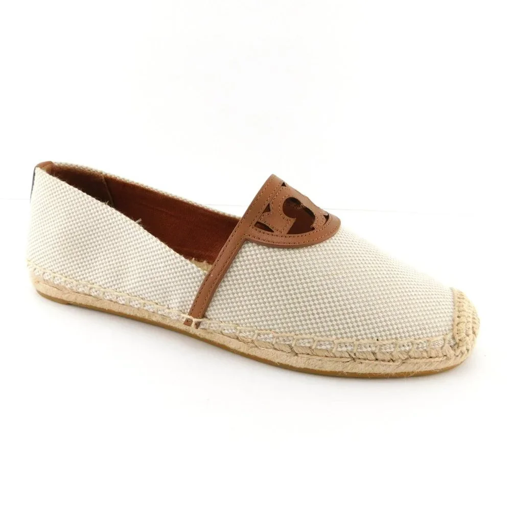 New TORY BURCH Natural Beige Tan Canvas Logo Slip-on Flat Espadrilles 8.5